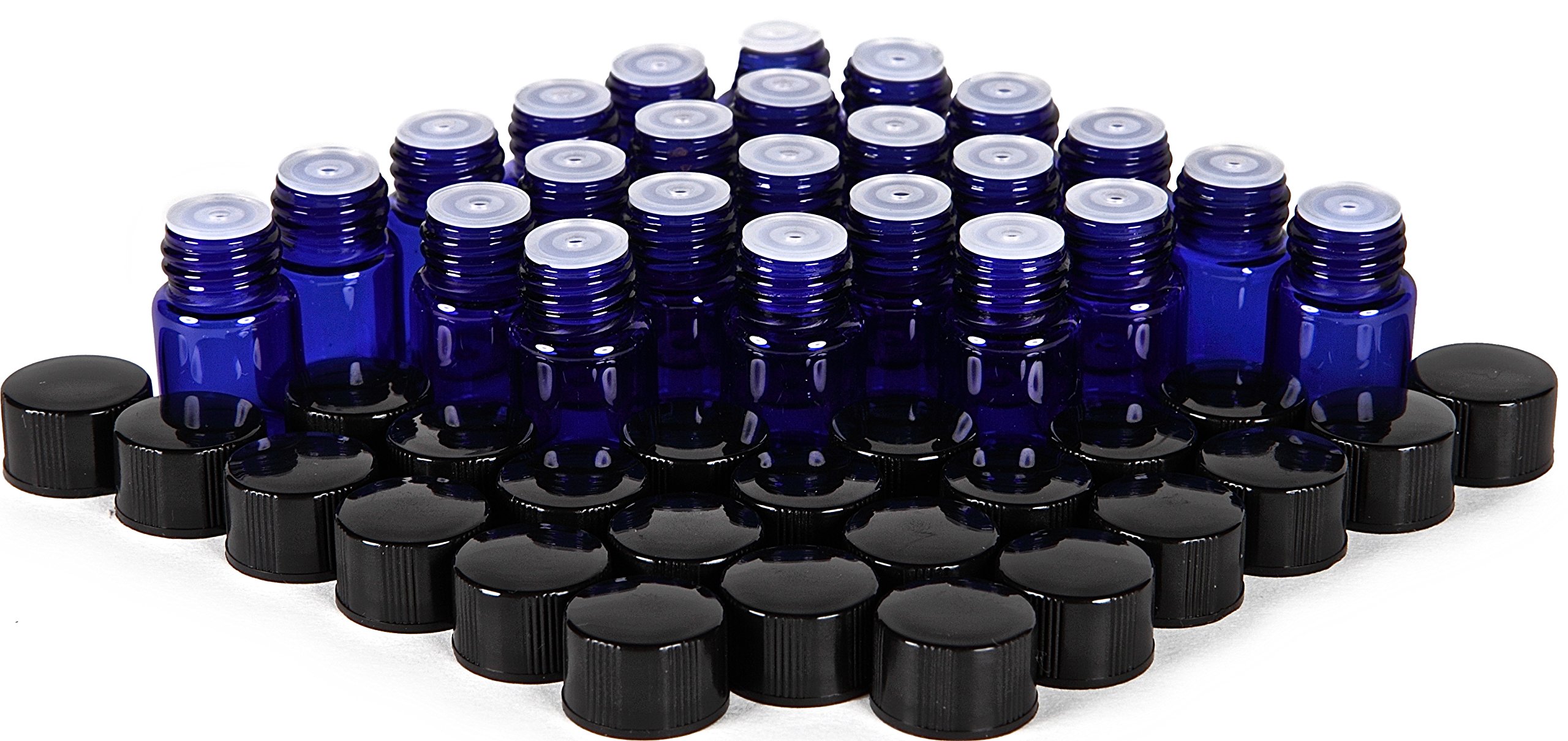 Vivaplex 24, Cobalt Blue, 2 Ml (5/8 Dram) Glass Bottles, With Orifice Reducers And Black Caps