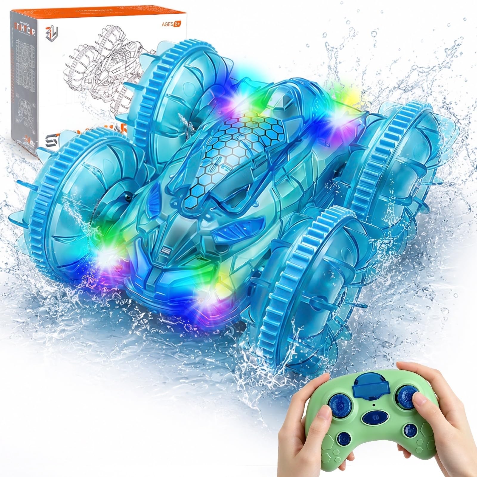 Morofme Amphibienfahrzeug Ferngesteuert Auto, 2.4GHz Ferngesteuertes Auto Kinder, 4WD 360° Stunt RC Car RGB Licht, 90Min Spielzeit Ferngesteuertes Auto ab 4-12 Jahre für Outdoor Pool Strand Spielzeug