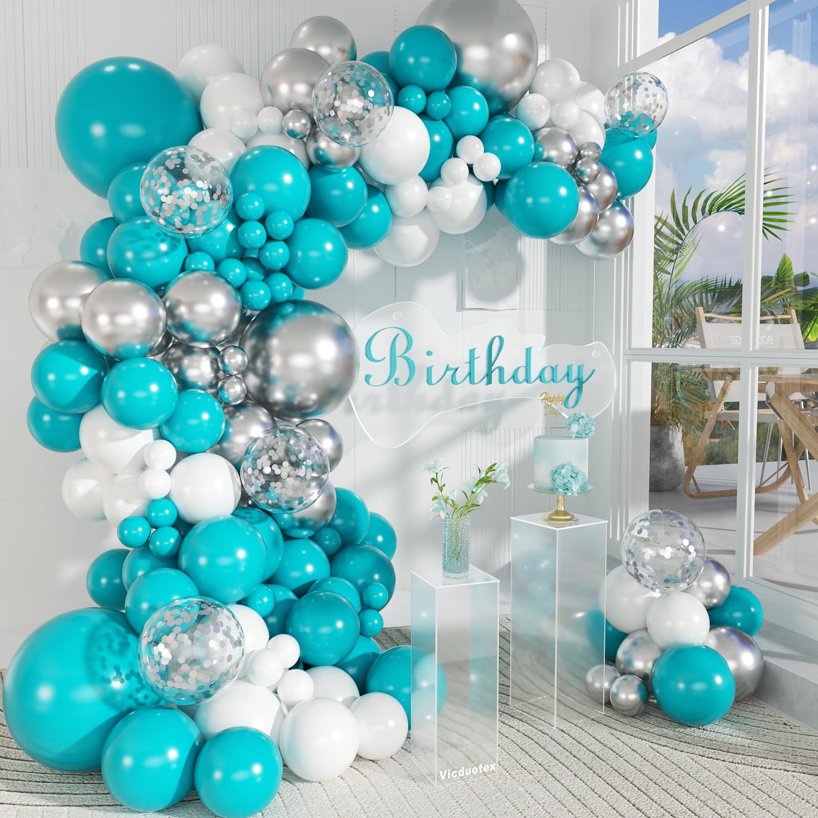 Photo 1 of 147pcs Teal Balloon Arch Garland kit, 18 12 10 5 inch Turquoise Metallic Silver White Balloons for Birthday Graduation Baby Shower Wedding Beach Party Decoration
