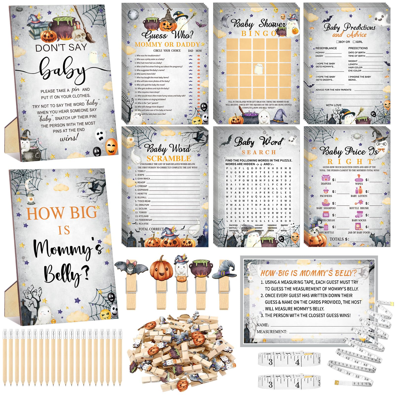 Funnymoom 426 Pcs Halloween Baby Shower Games Set-8 Games, Includes Baby Shower Bingo, Price Is Right, Guess Who, Word Scramble, Prediction and Advice, How Big Is Mommy's Belly, Don't Say the Words