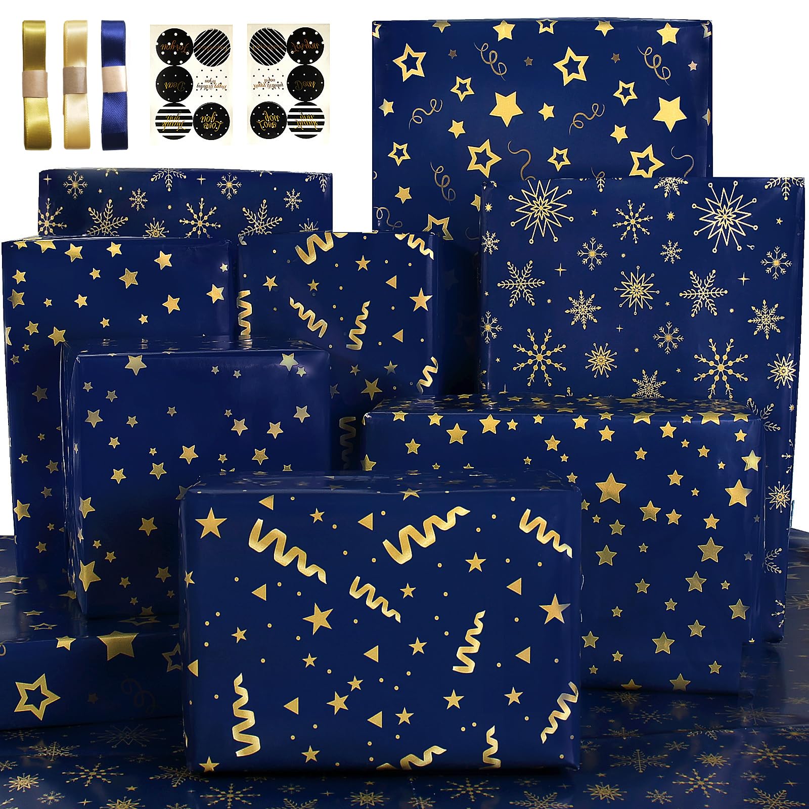 Christmas Wrapping Paper Sheets Gift Wrapping Paper Birthday Set with Blue Gold Navy Gift Wrap Christmas Paper Ribbon,Eco luxury Present Wrapping Paper for Men Boys Male Xmas wrapping paper