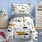Nesker 4 Pcs Comforter Set Toddler Size, Construction Vehicles Bedding for Kids Teen, Cargo Crane Bulldozer Excavator Bed Sheet with Pillowcase & Sham