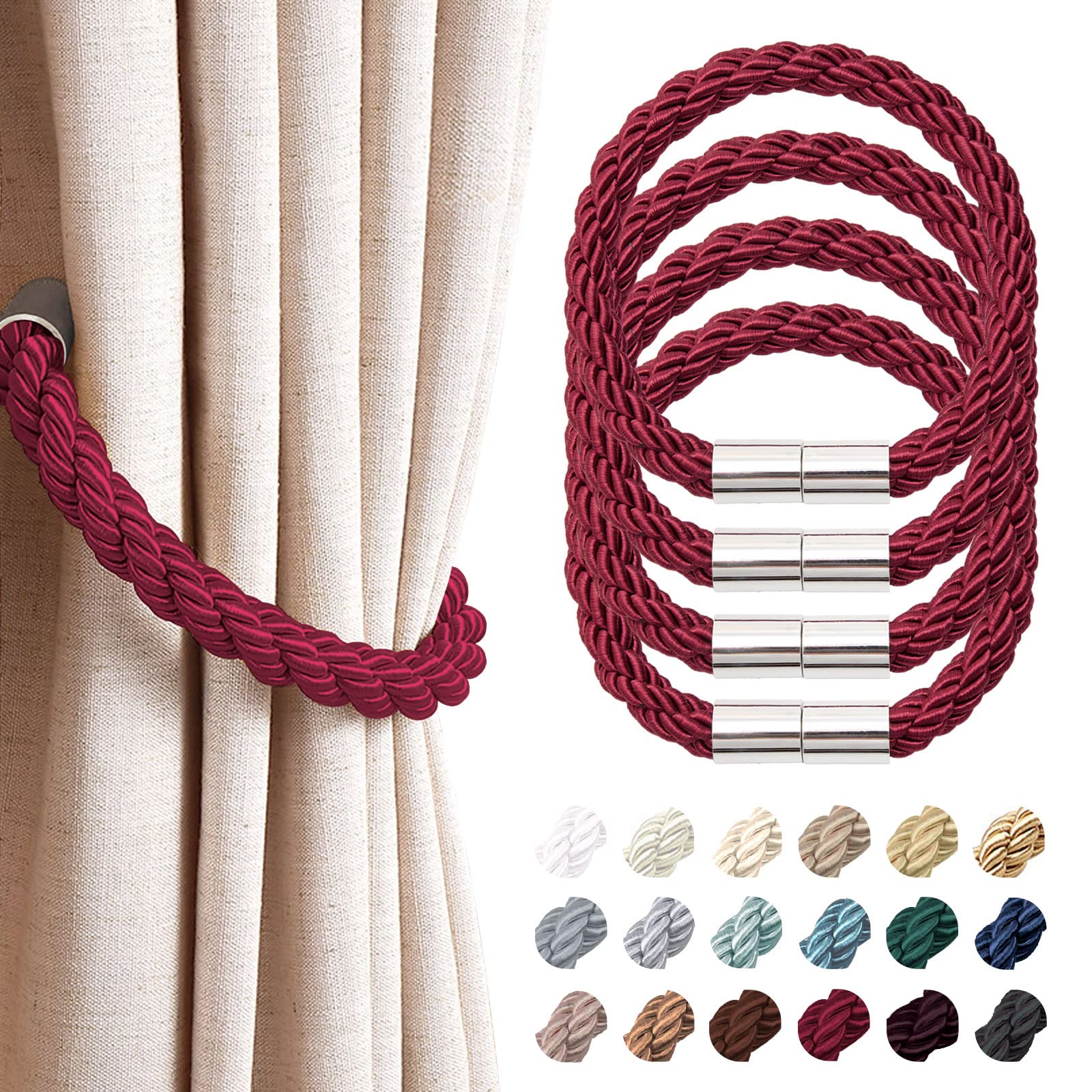 Pretty Jolly 4 Pack Strong Magnetic Curtain Tiebacks Modern Simple Style Drape Tie Backs Convenient Decorative Weave Rope Curtain Holdback for Thin or Thick Home & Office Window Drapery (Wine Red) — image 1