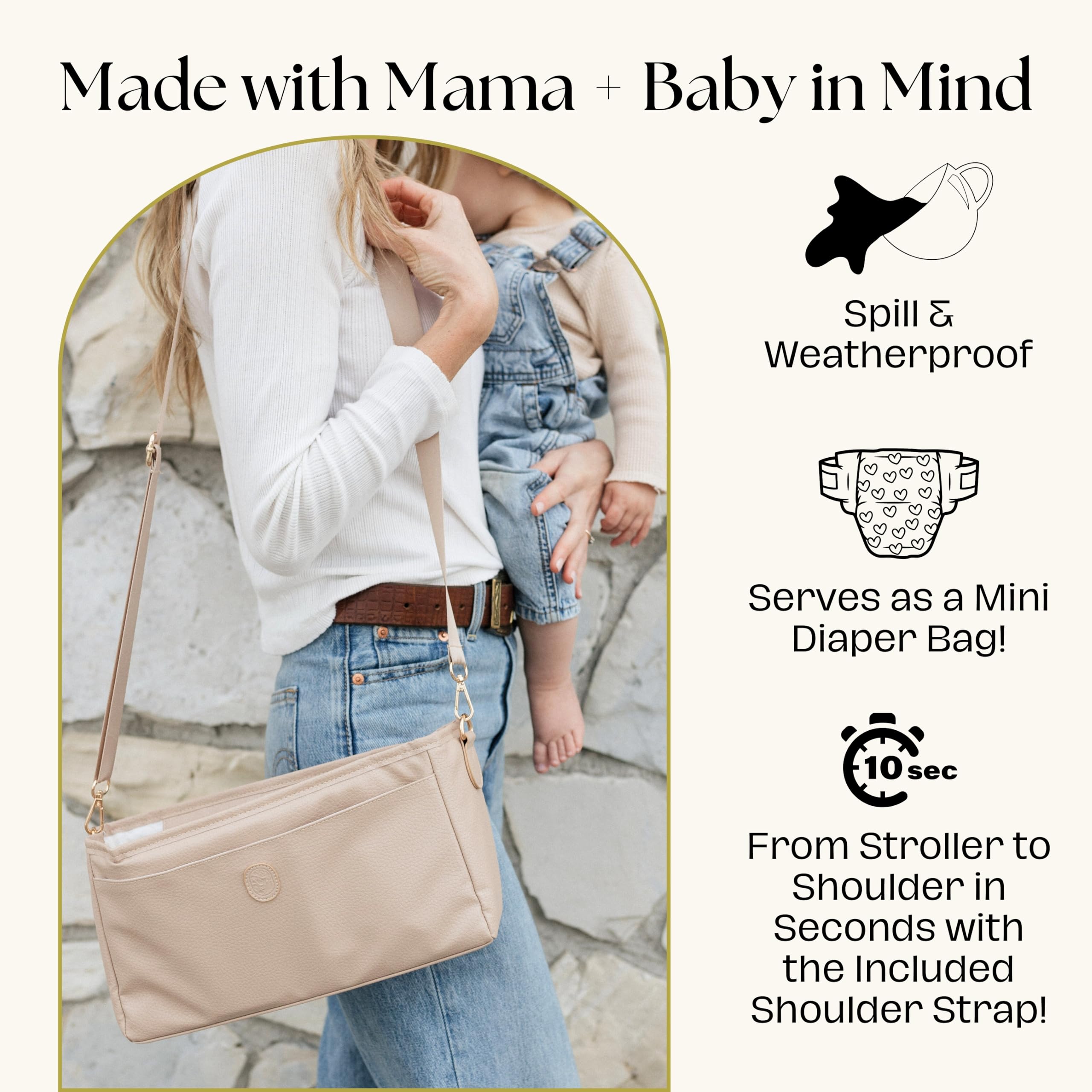 Vegan Leather Stroller Caddy with Cup Holder - Universal Stroller Organizer with Cup Holder, 4 Built-In Pockets, Shoulder Strap, Stroller Cup Holder fits Mockingbird, UppaBaby, Nuna, BOB, and More