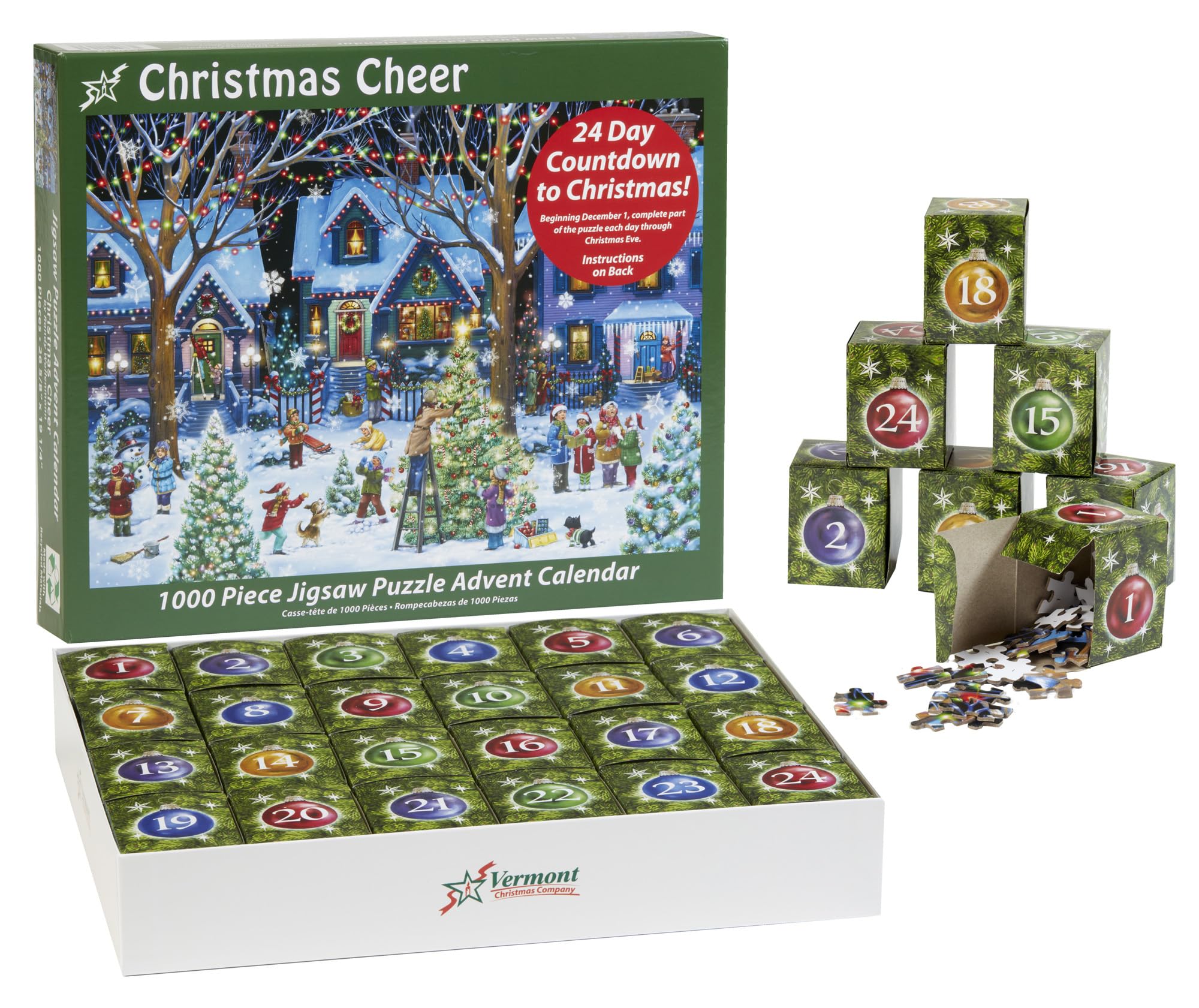 Christmas Cheer Jigsaw Puzzle Advent Calendar 1000 Pieces by Vermont Christmas Company - 24 Puzzle Sections to Complete - Count Down to Christmas Each Day in December