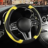 Binsheo Leather Steering Wheel Cover, Breathable, Anti Slip & Odor Free, Black and Yellow