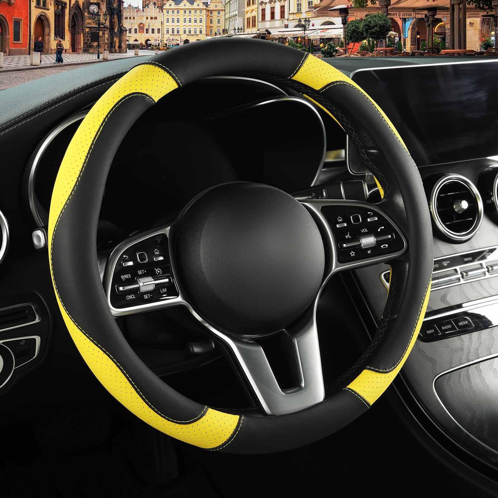 Photo 1 of Binsheo Leather Steering Wheel Cover, Breathable, Anti Slip & Odor Free, Black and Yellow