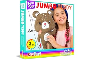KRAFUN Big Jumbo Teddy Bear Animal Sewing Kit for Age 7-12 Kids Beginner My First Art & Craft, Make 1 Stuffed Doll with 2 Costumes, Instructions & Plush Felt Materials for Learn to Sew