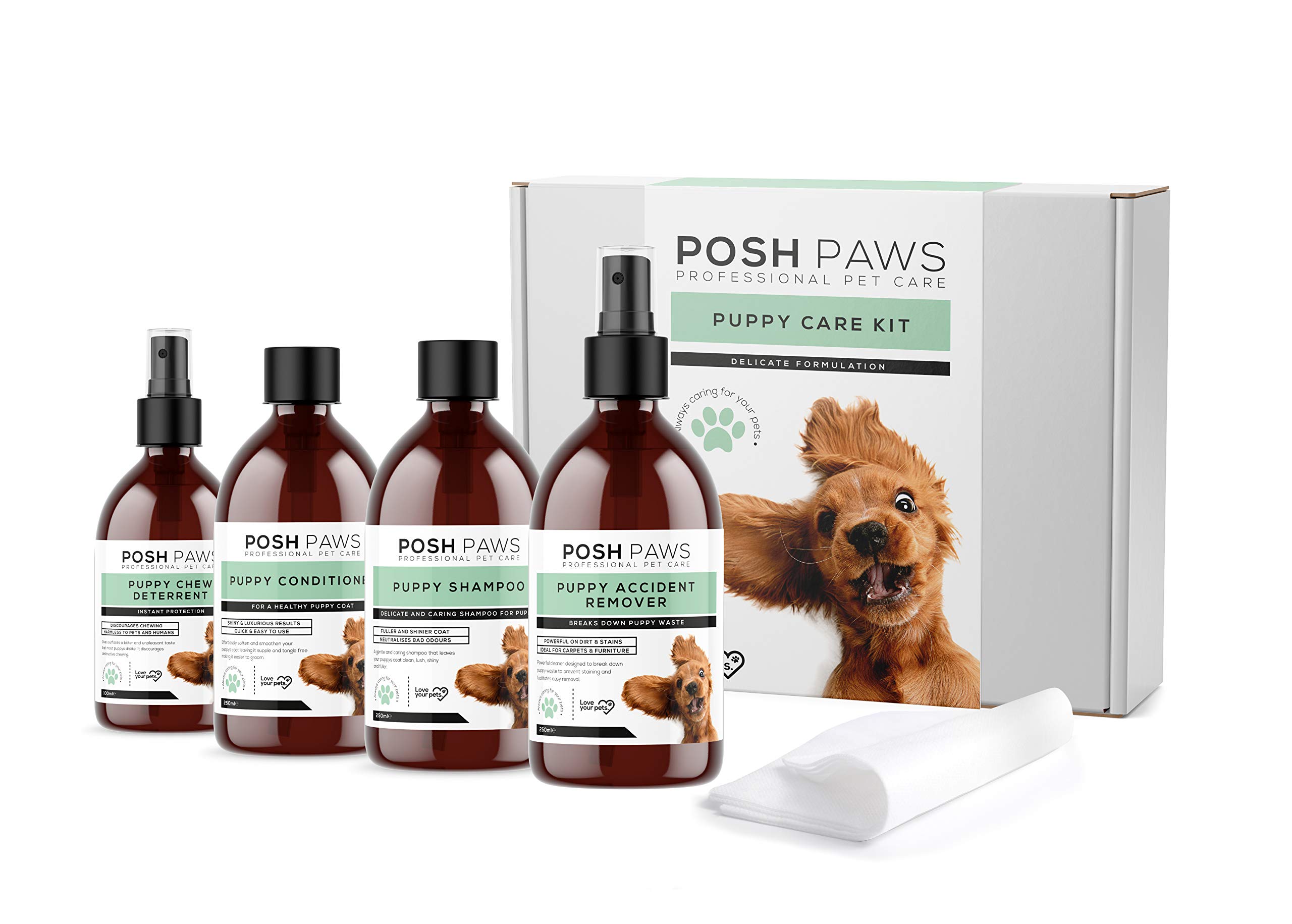 Posh Paws Puppy Care Kit Pack-Includes Shampoo, Conditioner, Chew Deterrent, Accident Wee Cleaner and Cloth