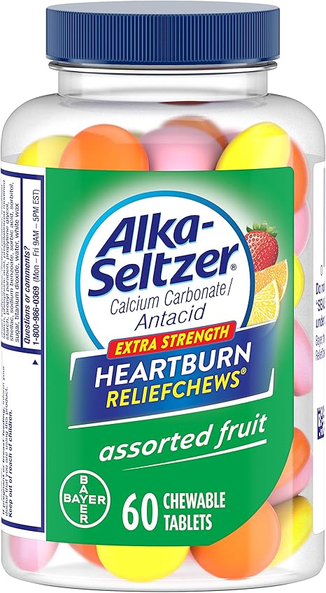 Amazon Com Alka Seltzer Extra Strength Heartburn Relief Chews Assorted Fruit Antacid Tablets For Acid Indigestion Upset Stomach And Sour Stomach Relief 60 Count Health Personal Care