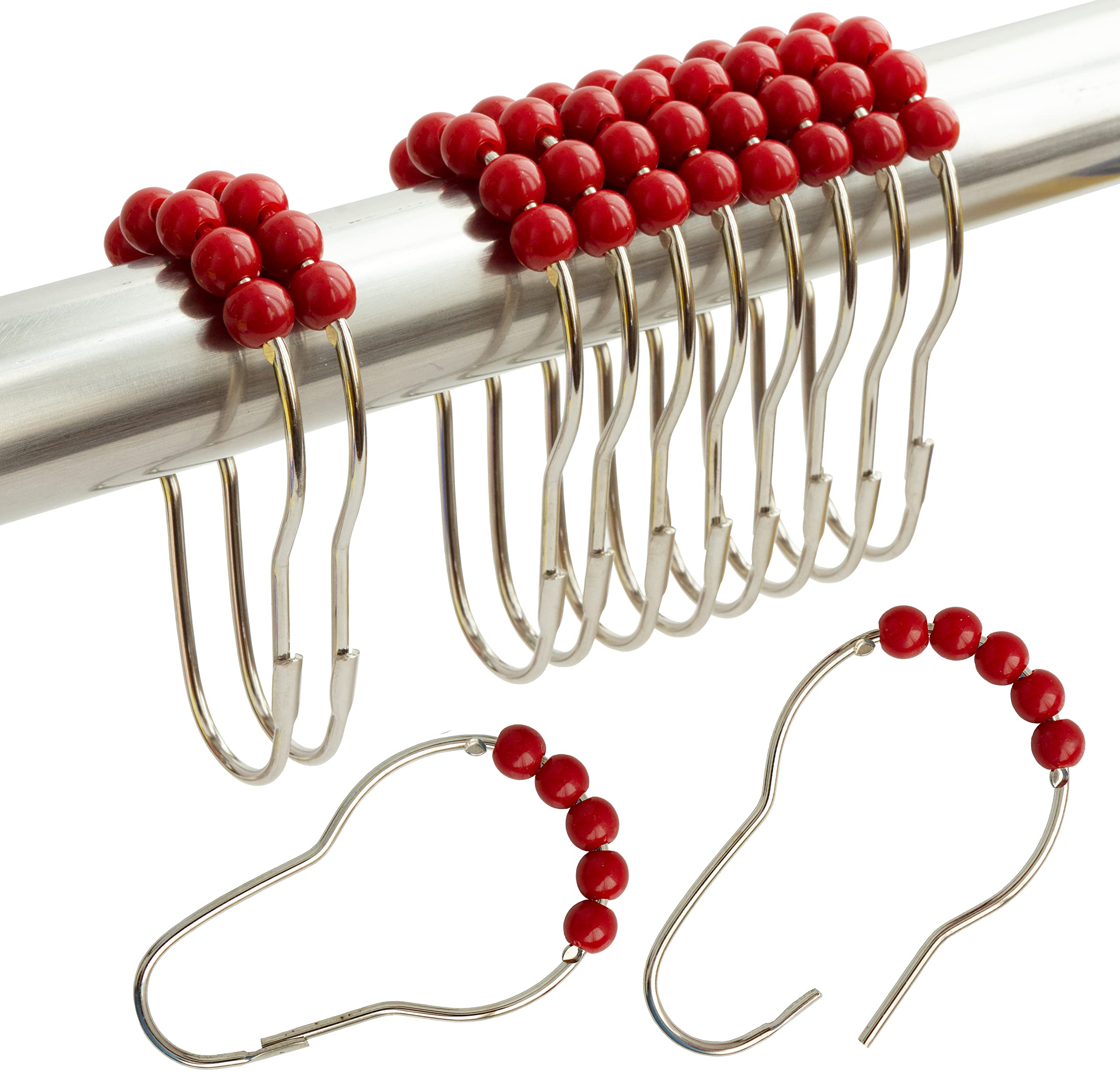 Shower Curtain Hooks Rings Stainless Steel Shower Hooks Red Acrylic roller Balls Rustproof Heavy Duty for Bathroom Curtain(Red)