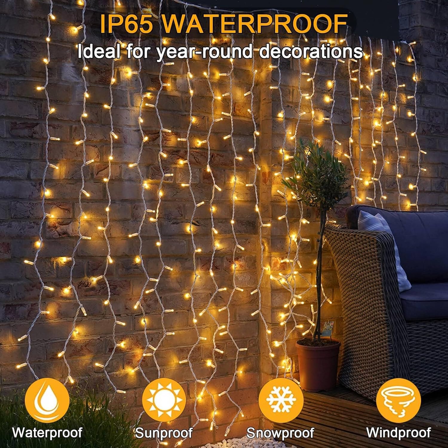 yowin Lichtervorhang 6m x 3m 600 LED Lichterketten Vorhang mit Stecker, 8 Modi Lichtervorhang Aussen Wasserdicht Wasserfall Lichterkette für Zimmer Hochzeit Garten Pergola Außen Innen Weihnachtsdeko 7