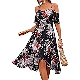 SweatyRocks Women's Floral Print Short Sleeve Cold Shoulder Dress Asymmetrical High Low Ruffle Midi Dresses