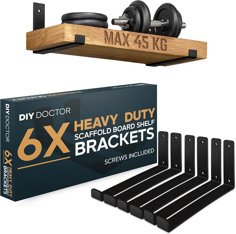 DIY Doctor Heavy-Duty Scaffold Board Shelf Brackets Set of 6 23.5cm Black