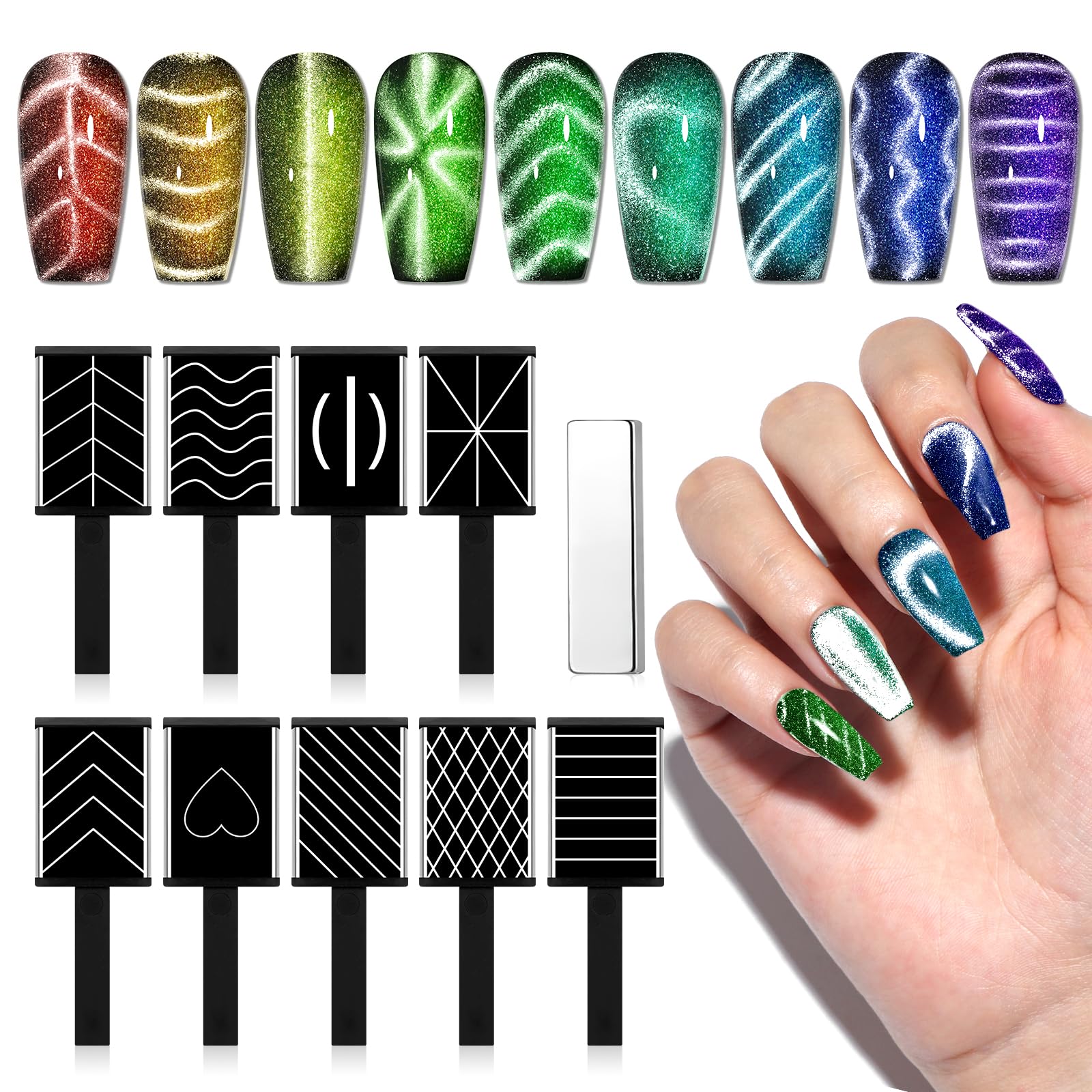 Saviland Cat Eye Magnet for Nails: 10PCS Cat Eye Gel Nail Polish Strong Nail Magnet 1000＋Styles 3D Creation Magnetic Wand Easy to Use Quicker DIY Nail Art Tools for Cat Eye Nail Enthusiasts Salon Home