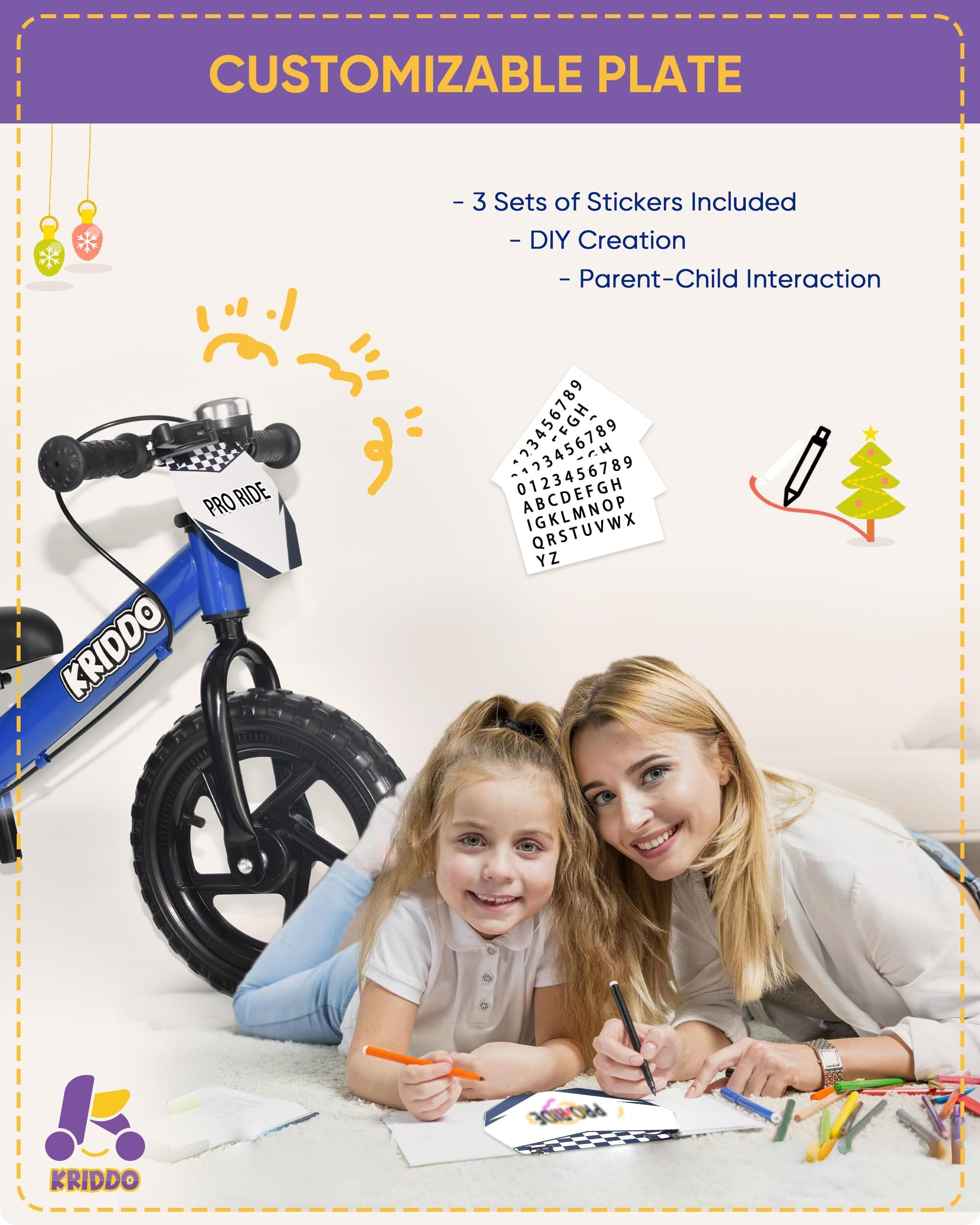 KRIDDO Pro Toddler Balance Bike 2+ Year Old with Hand Brake and Kickstand, 12 Inch Push Bicycle, Gift Bike for 2-5 Boys Girls, Blue