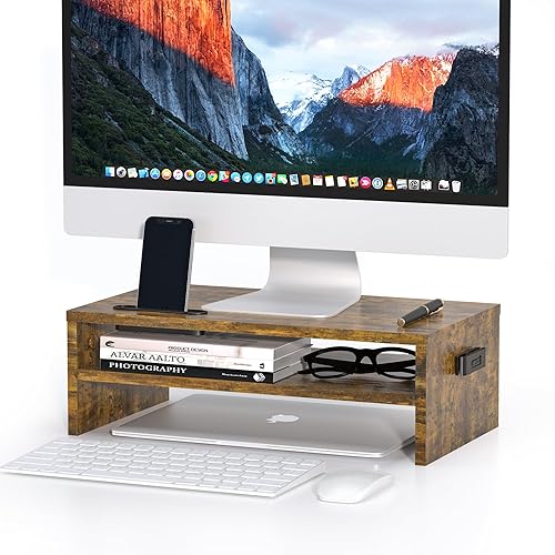 BONTEC Wooden Monitor Stand Riser, 2-Tier Desk Shelf with Storage Organizer, Ergonomic Computer Stand with Cable Management, Cellphone Holder, Vintage Brown, 16.5 Inch
