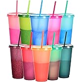 Suertestarry Color Changing Cups, Bulk Tumblers with Lids and Straws, 10 Pack of Reusable Plastic Cups, Kids & Adult Friendly, 24oz Smoothie Travel Cup (Rainbow, 10 Packs)