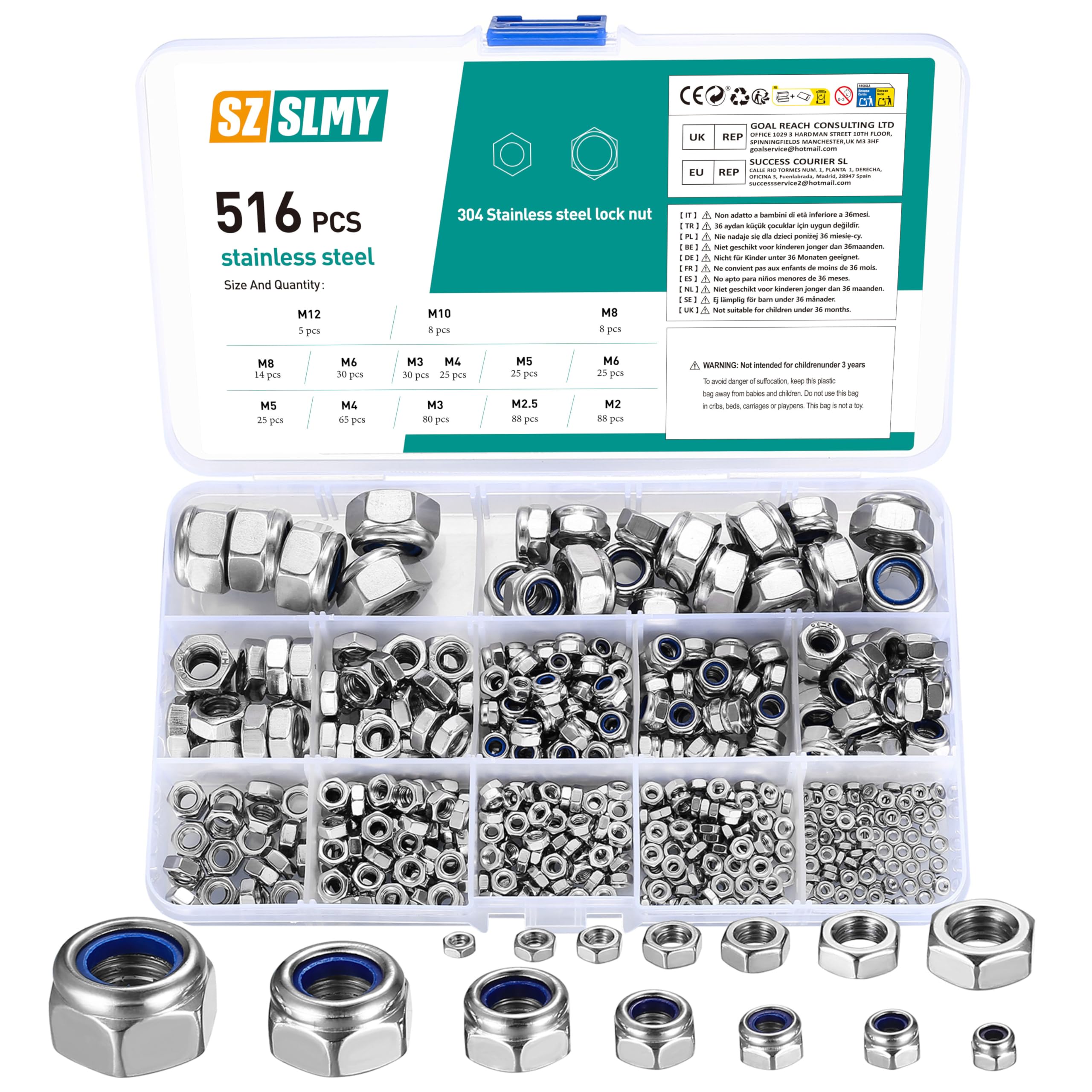 516 Pcs Nylock Nuts, Self Locking Nuts, Nylon Insert Lock Nuts, Stainless Steel Hex Nuts, Thread Hexagon Nuts with Nylon Inserts for Bolts, Screws, Components, M2 M2.5 M3 M4 M5 M6 M8 M10 M12 (银色)