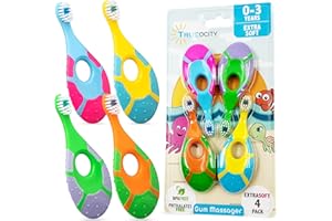 TRUEOCITY Baby Toothbrush 12 months and up - Toddler Toothbrush - Soft Bristles - Child Sized Brush Heads - infant toothbrush - Kids Tooth Brush - Easy Storage - Unisex Girl & Boy Set (4-Pack, Multi-Color)
