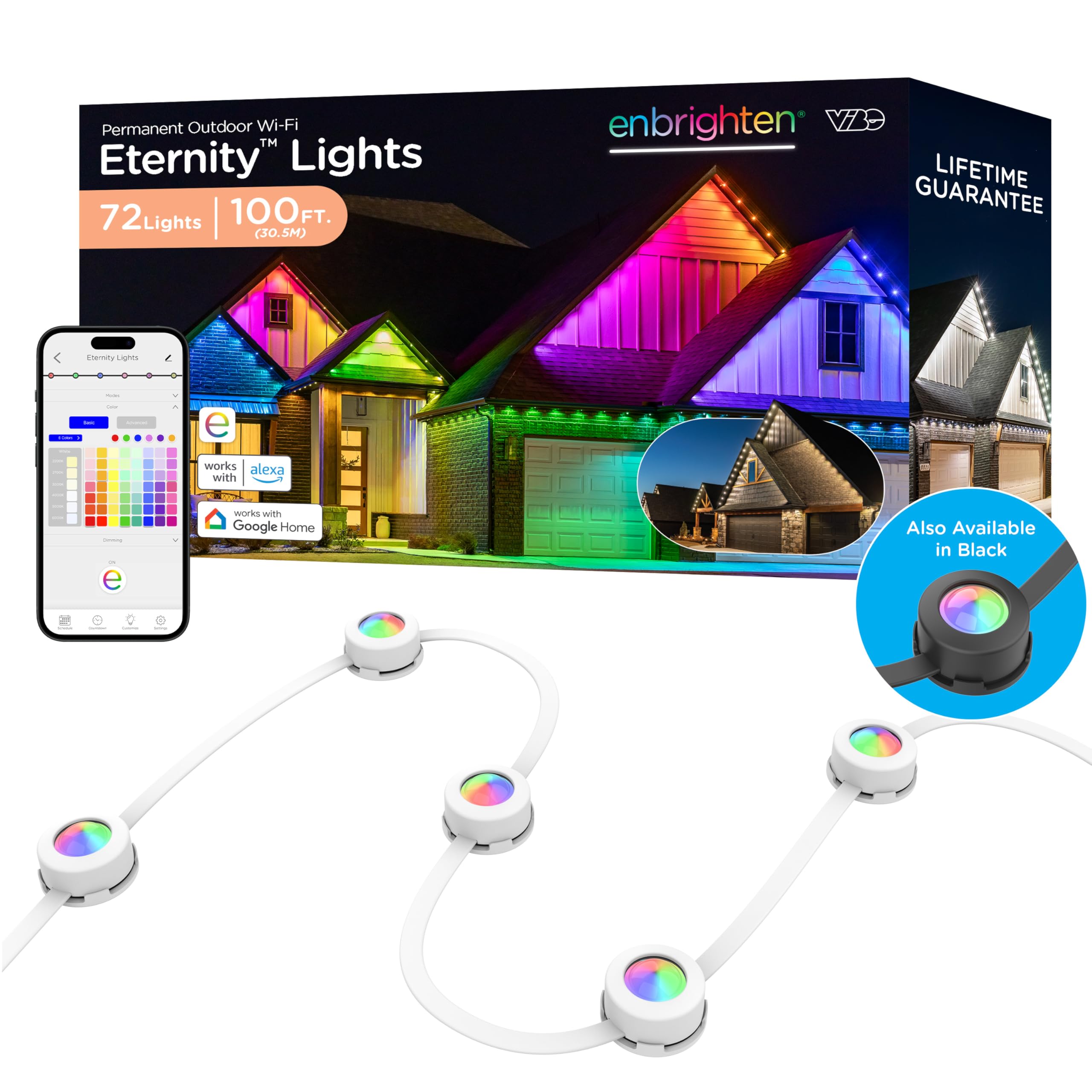 Photo 1 of *USED*
Enbrighten Vibe Eternity Permanent Outdoor Lights for House, 100 Feet, 72 RGBWIC LEDs, Close Spacing, 33lm, Color Changing, Christmas, Eave Lighting, Smart App, Works with Alexa, Google Home, 81103