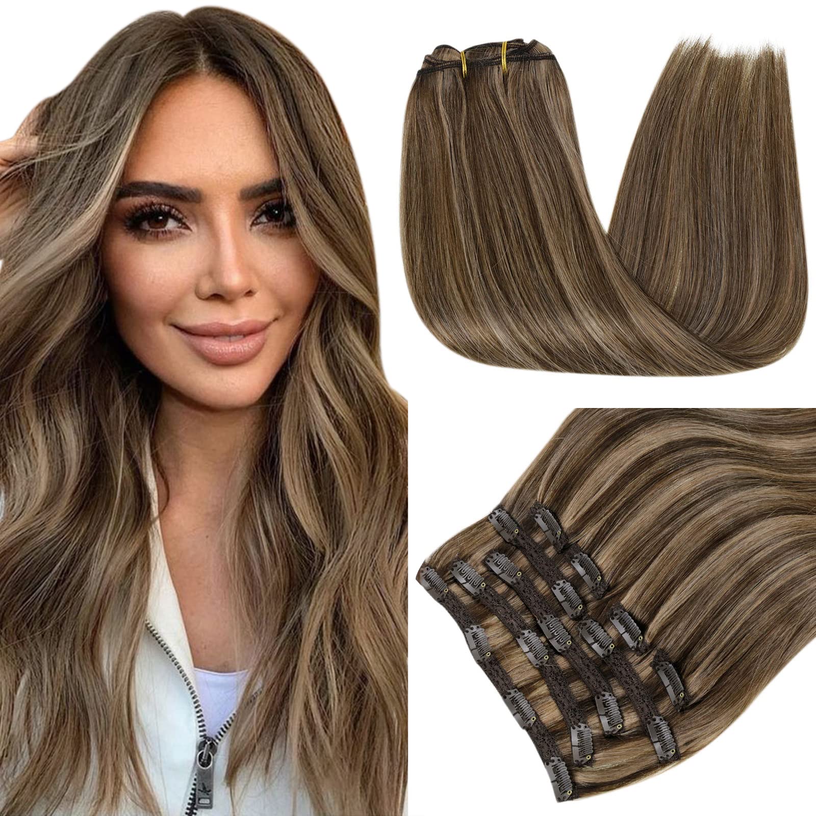 RUNATURE Human Hair Clip in Extensions Colour 3P12 Dark Brown Highlights Honey Blonde Clip Hair Extensions 100g 10 Inch Clip in Hair Extensions Remy Hair — image 1