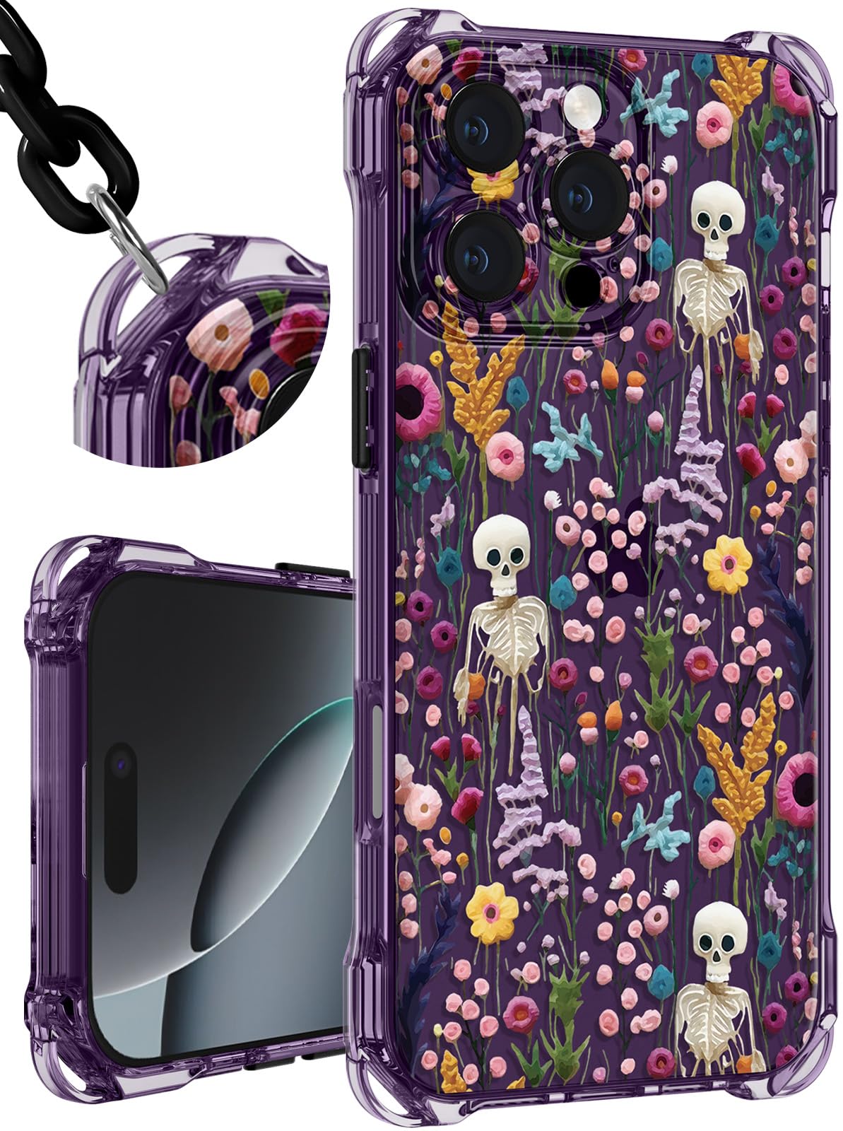 Photo 1 of Toycamp for iPhone 16 Pro Max Case with Strap for Women - Cute Funny Girls Girly Fashion Skull Flower Design Case with Wrist Lanyards Four Corners Flexible Hang Style