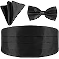 Men's Cummerbund Bow Tie Set Adjustable Solid Color Tuxedo Cummerbund and Bow Tie Pocket Squares for Bar Party Wedding Special Occassions(Black)