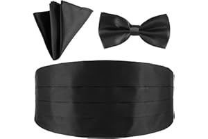 LUSOFIE Men's Cummerbund Bow Tie Set Adjustable Solid Color Tuxedo Cummerbund and Bow Tie Pocket Squares for Bar Party Wedding Special Occassions(Black)