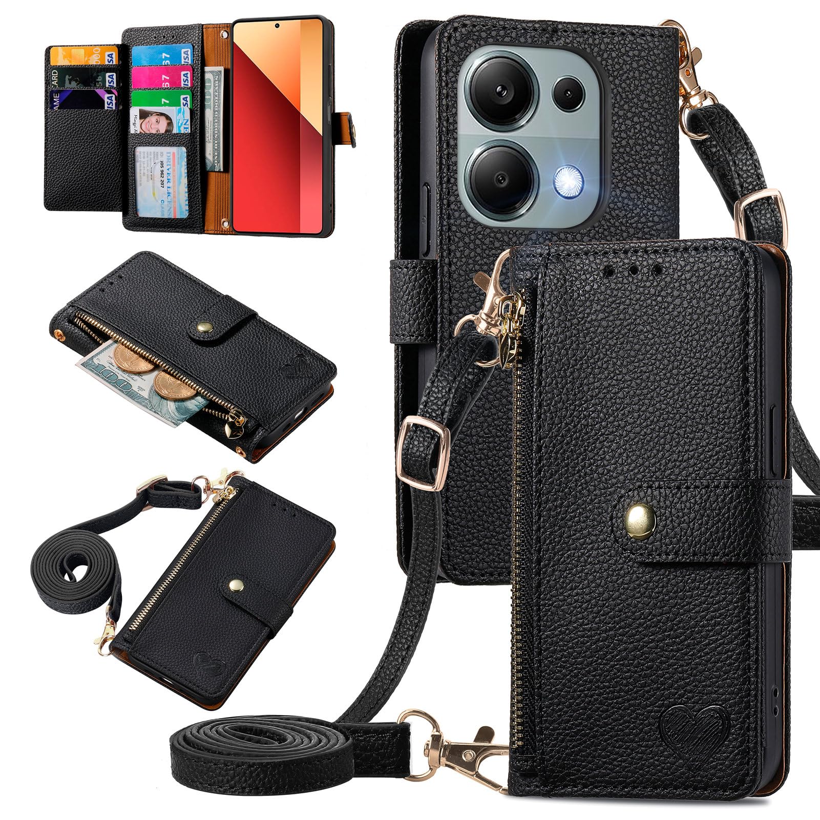 MOJIA Flip Case For Xiaomi Redmi Note 13 Pro 4G / Poco M6 Pro 4G, Leather Zipper Flip Wallet Case Cover [with Shoulder Belt], Card Holder Multifunctional Anti-fall Phone Shell. Black — image 1