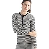 Ciovkis Women's Merino Wool Blend Sweater 2025 Fall Winter Crew Neck Striped Slim Fit Long Sleeve Knit Pullover with Button