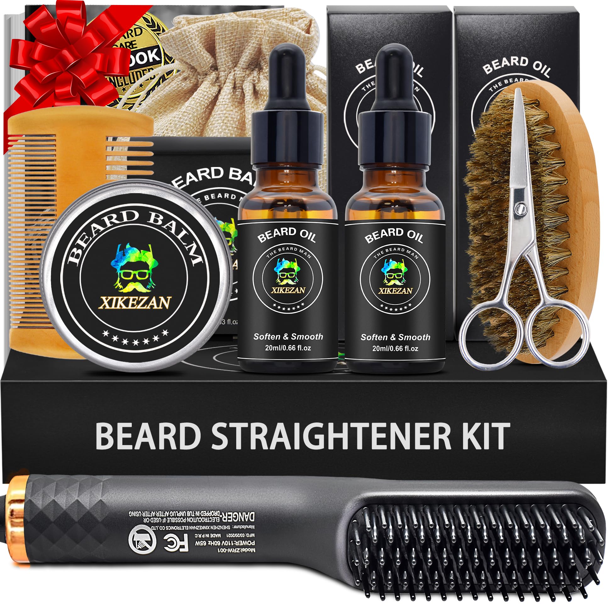 XIKEZAN Beard Kit for Men Grooming & Straightening Set,w/Beard Straightener, 2 Pack Oil, Balm, Comb, Scissor, Brush, Birthday Valentines Gifts for Him Dad Men Boyfriend Christmas Stocking Stuffers Image