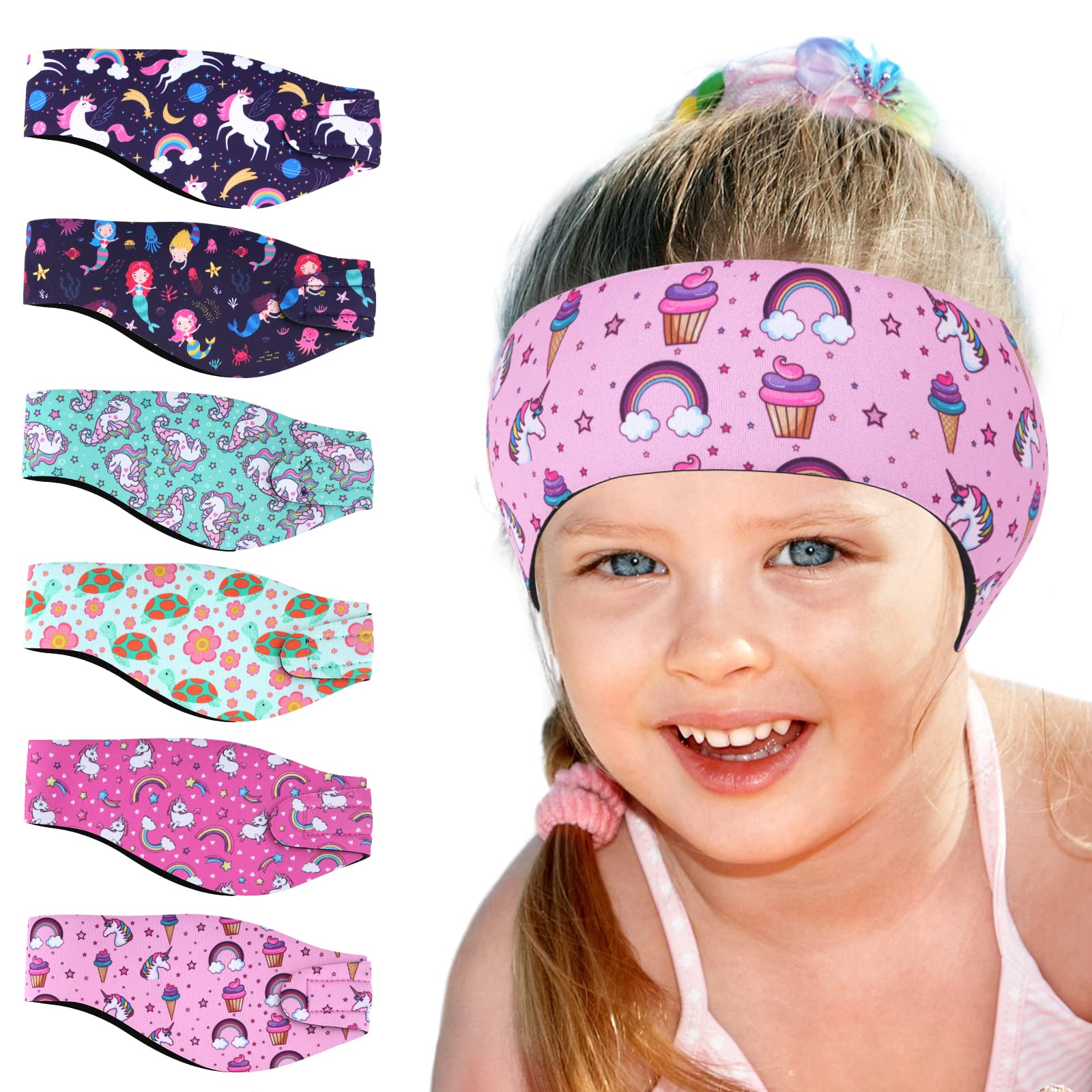 Photo 1 of 6 Pcs Swimming Headbands for Kids, Adjustable Swimming Ear Protection Bands Cute Cartoon Waterproof Swim Headbands for Girls Swimmers Age 1-5, Head Circumference 17.3-19.2 Inch