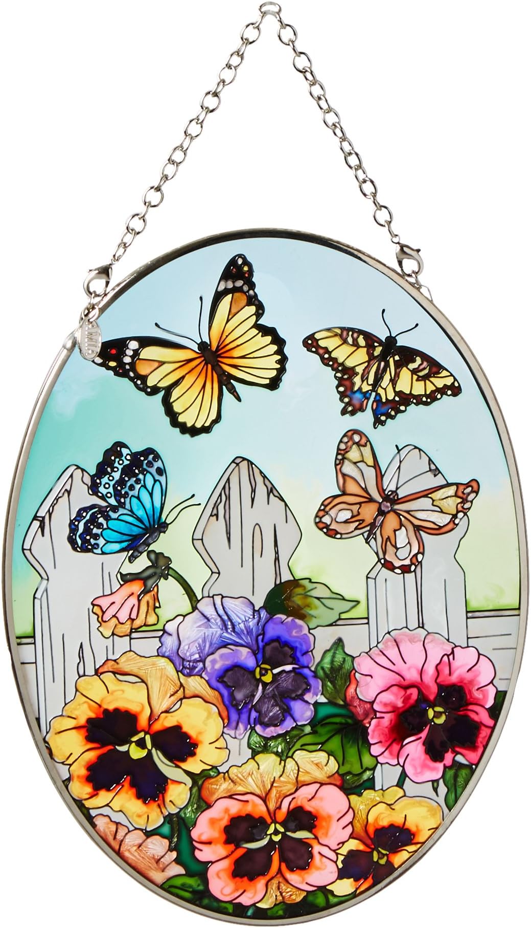 Amia 5858 Medium Oval Suncatcher with Pansy and Butterfly Design, Hand-painted Glass, 5-1/2-Inch W by 7-Inch L
