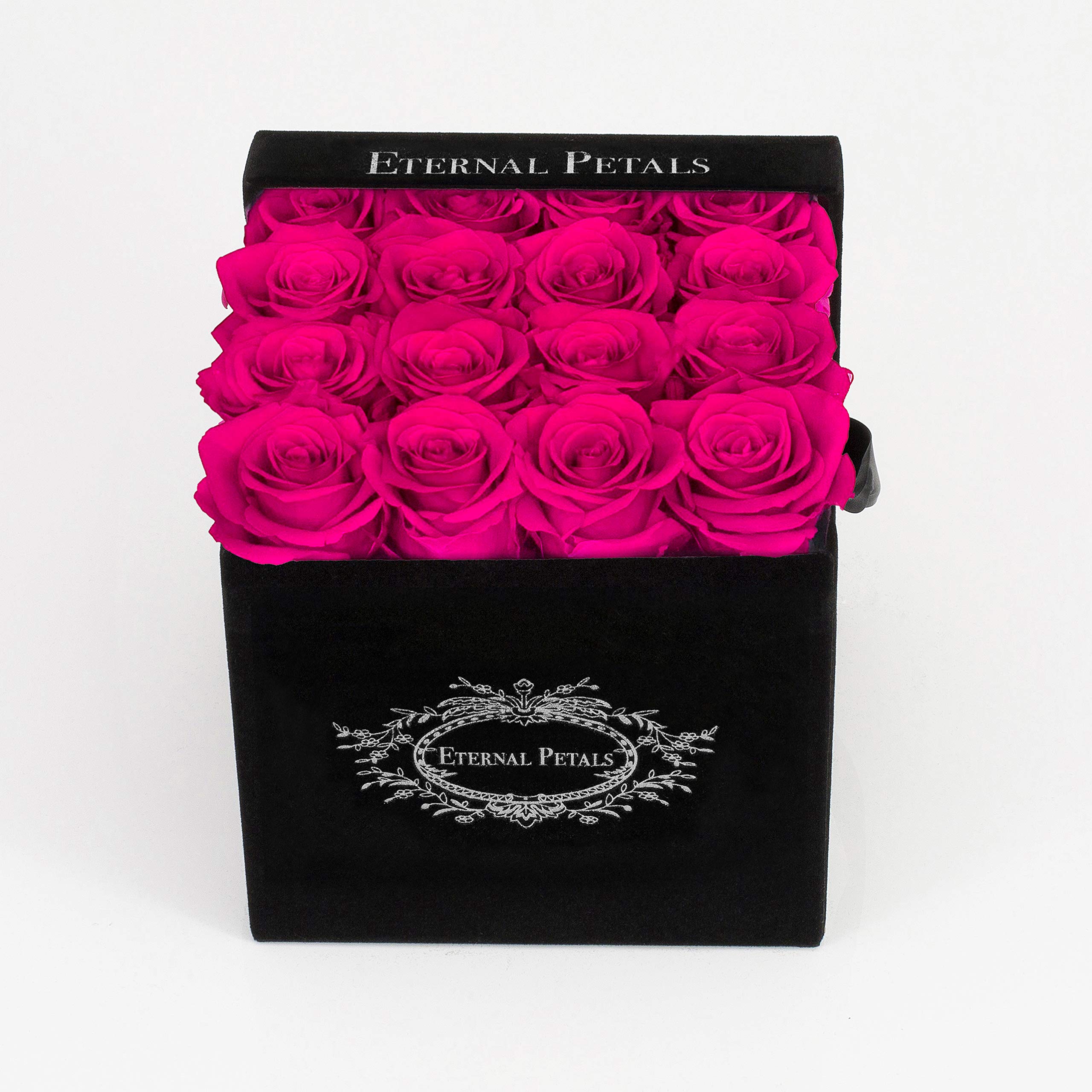 Real Roses That Last Years - Eternal Petals, Handmade in UK – 16 Roses, Square Black Flower Box (Hot Pink)