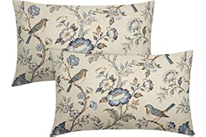 Chinoiserie Bird Pillow Covers 12x20 Set of 2, Blue Brown Vintage Floral Decorative Lumbar Throw Pillowcases Retro Outdoor De