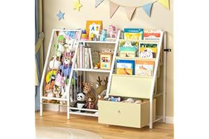 ikkle Kids Bookshelf and Toy Storage, 3 Tier Kids Bookcase, Sling Book Shelf and Stuffed Animal Storage, Toddler Montessori Bookshelf with Toy Organizer for Kids Rooms, Bedroom, Playroom, Nursery