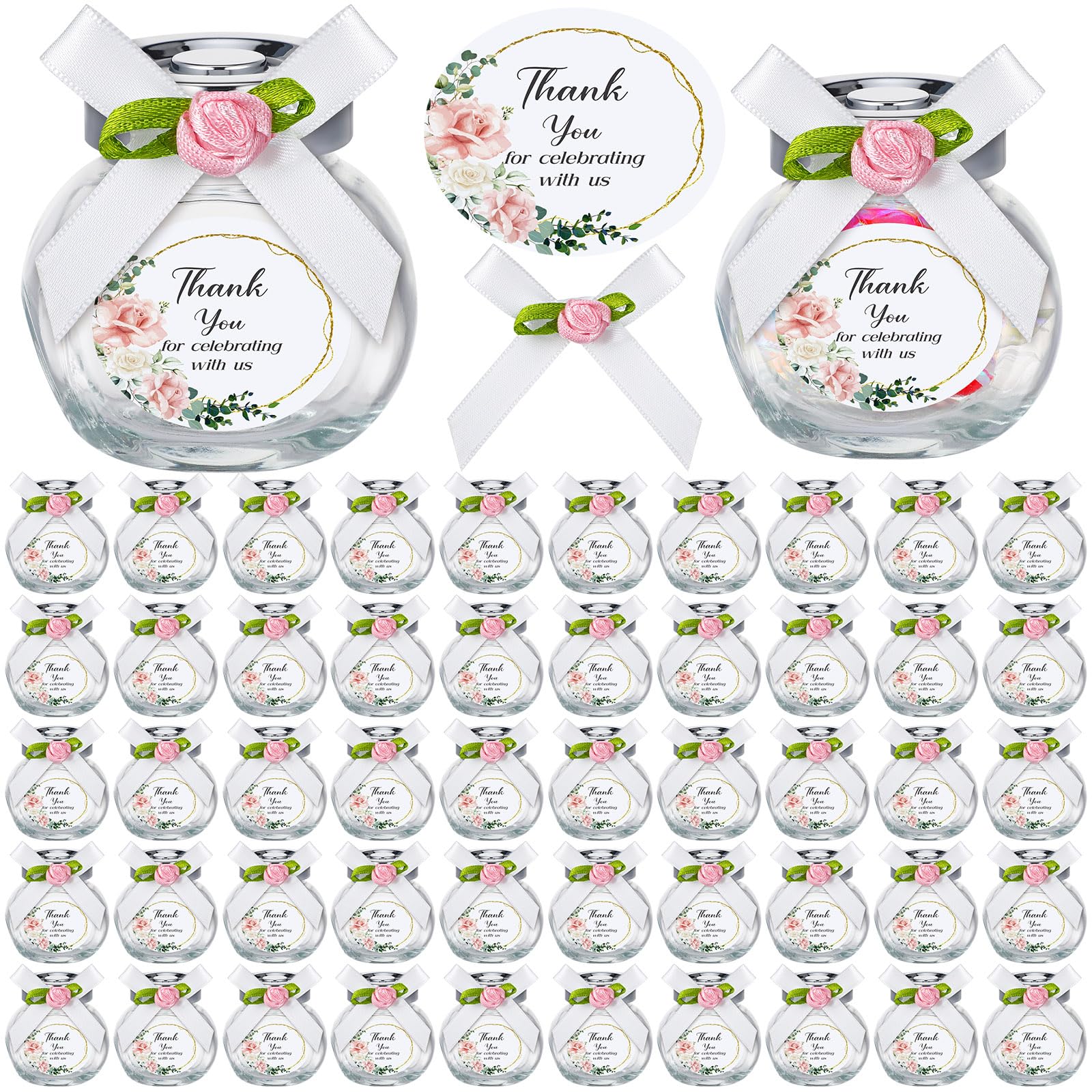 Photo 1 of *MISSING LIDS** Singhoow 50 Pcs 1.5 oz Mini Glass Candy Jars Green Leaf Ribbons and Labels Tiny Mason Jars Candy Containers for Wedding Party Favors Bridal Shower Gifts Spice Honey Sugar Herbs