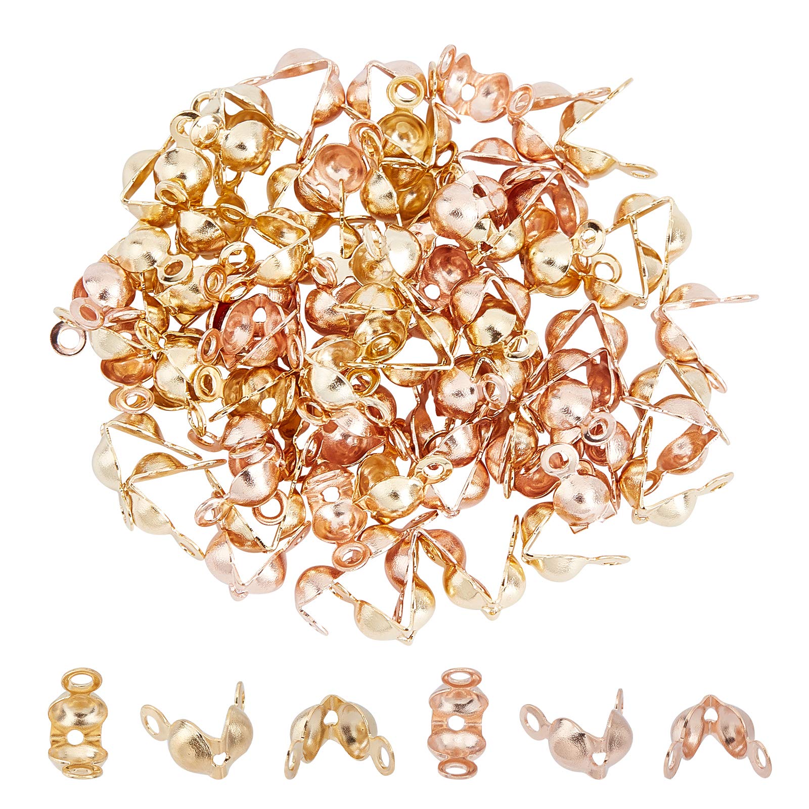 UNICRAFTALE 80pcs Golden & Rose Gold Bead Tips Stainless Steel Calotte Ends Open Clamshell Knot Covers Fold-Over Bead Tips for Knots Crimp Findings Jewelry Making 7.5mm Long
