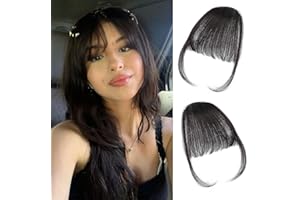 BUPPLER Clip in Bangs 100% Real Human Hair Pieces Wispy Brown Black Fake Bangs Hair Clip on bangs for women Faux Bangs Clip in Hair Extensions with Hair Roller for Daily Wear