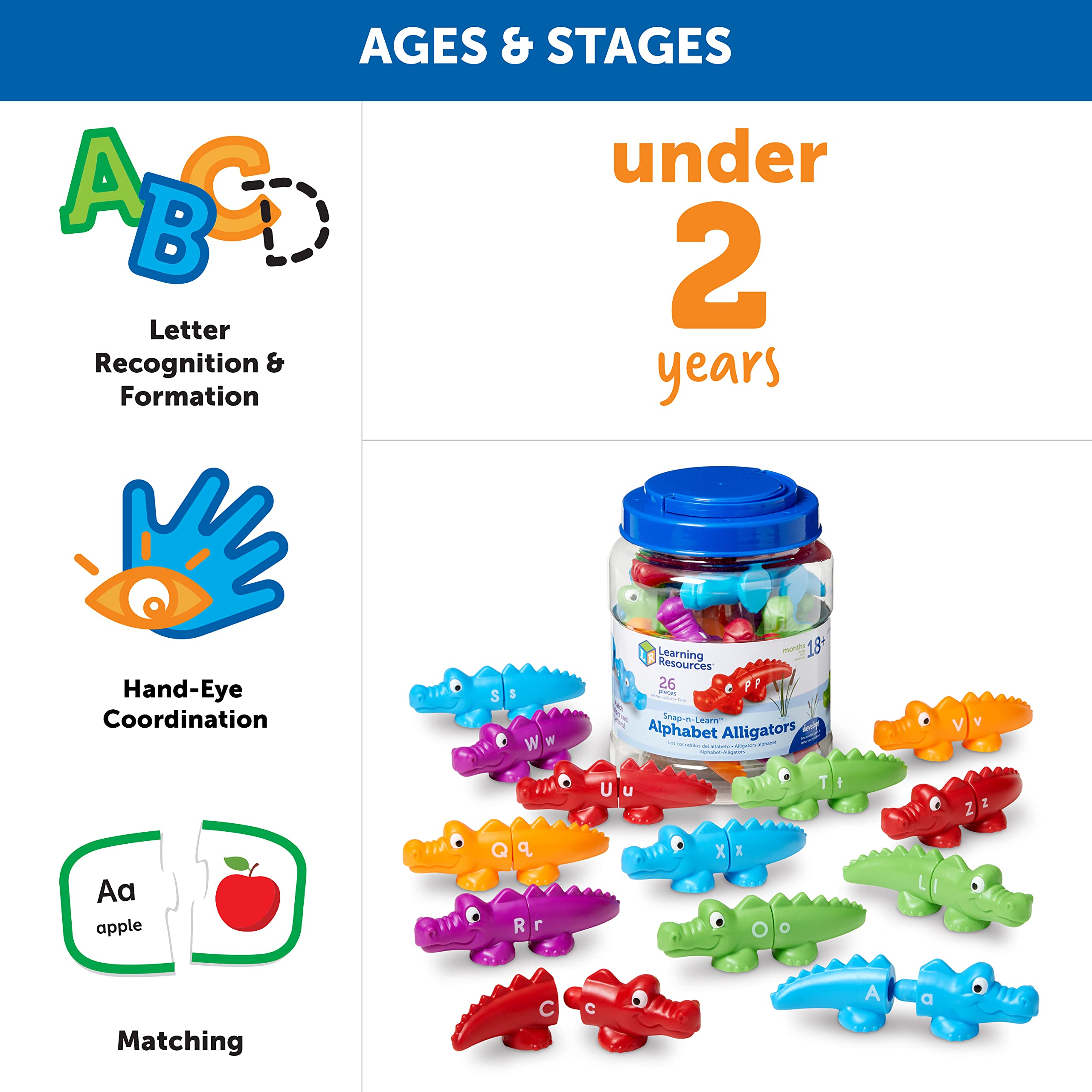 Learning Resources Snap-n-Learn Alphabet Alligators - Toddler Toys, Preschool ABC Activities, Fine Motor Skills, Alphabet Manipulatives, Phonetics and Reading, Sensory Gifts for Boys and Girls