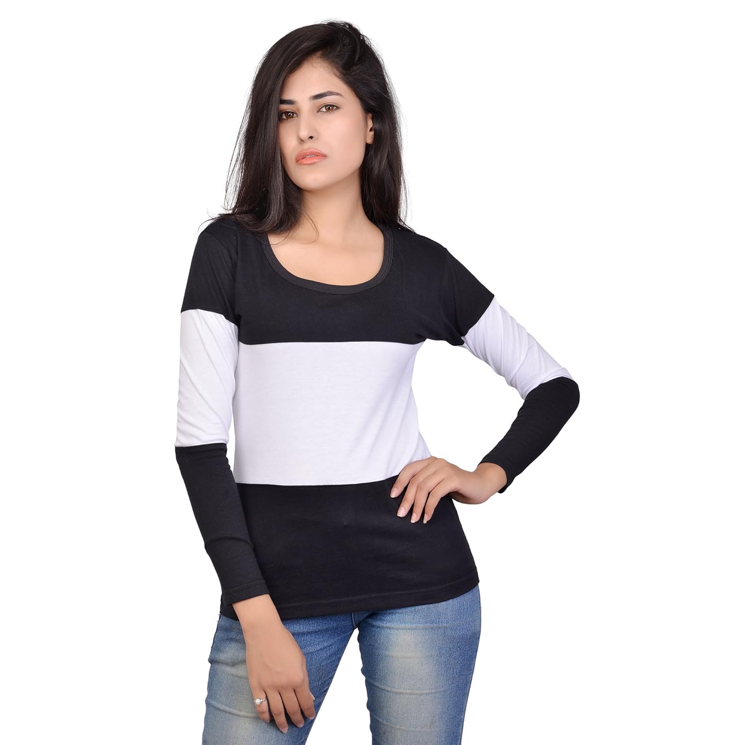 fubura womens cotton casual t-shirts round neck sports trim full sleeve with black white colour