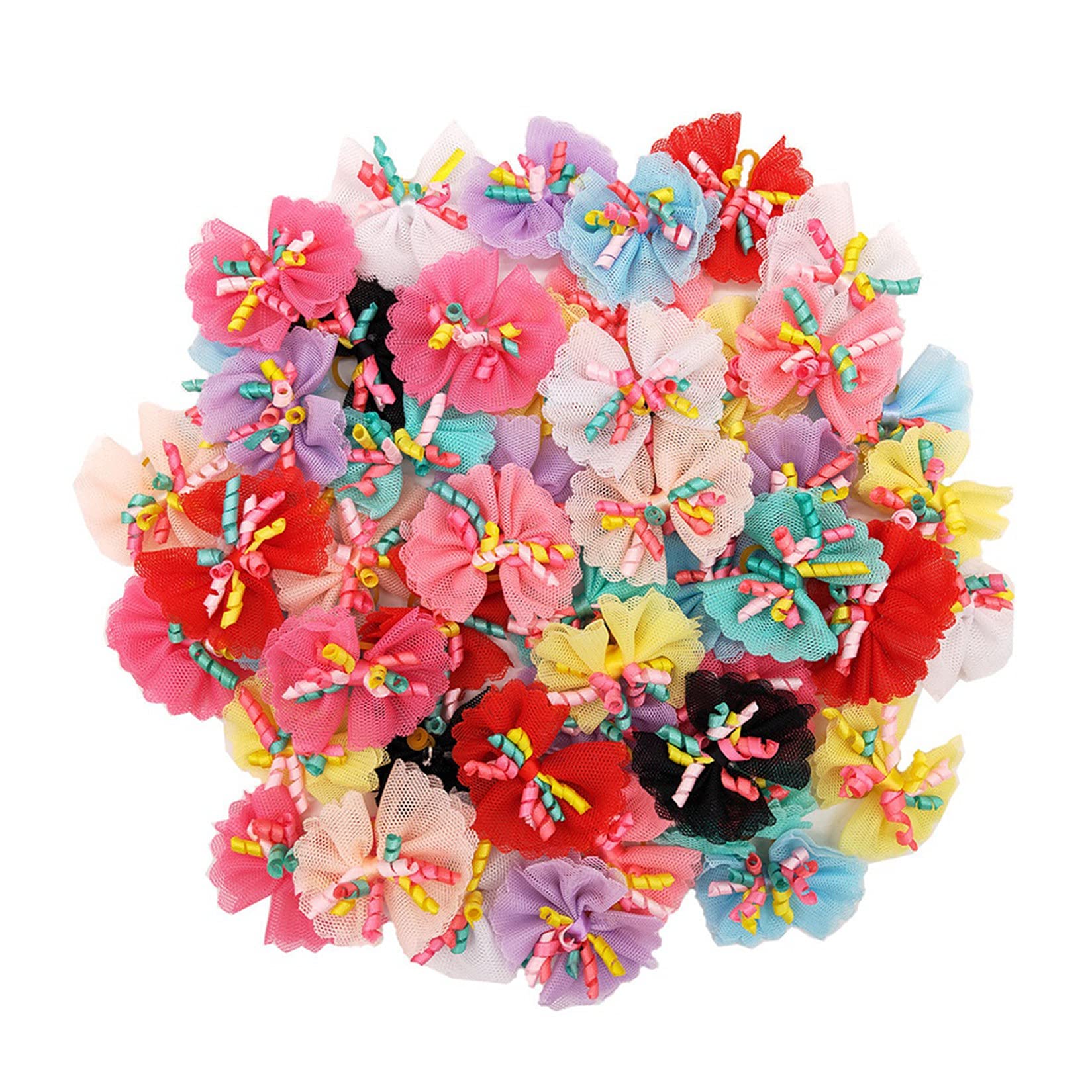 WofMeowGu 50pcs Dog Hair Bows Multicolored Color Hair Ties with Rubber Bands, Lace Topknot Hair Bows Grooming Accessories for Girls Pets Puppies Kitties
