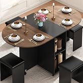 5 PCS Farmhouse Dining Table Set for 4,60" Large Round Folding Dining Table Set w/ 4 Leather Chairs, Drop Leaf Oval Modern Kitchen Table for Small Spaces,6 Wheels,2-Layer Storage Shelf,Walnut