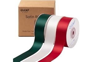 QIANF Red/Dark Green/White Double Face Satin Ribbon 1 Inch x 45 Yards Fabric Ribbon for Gift Wrapping, Flower Bouquets, Hair Bows Making, Wedding Decoration, Christmas (3 Rolls *15Yd)