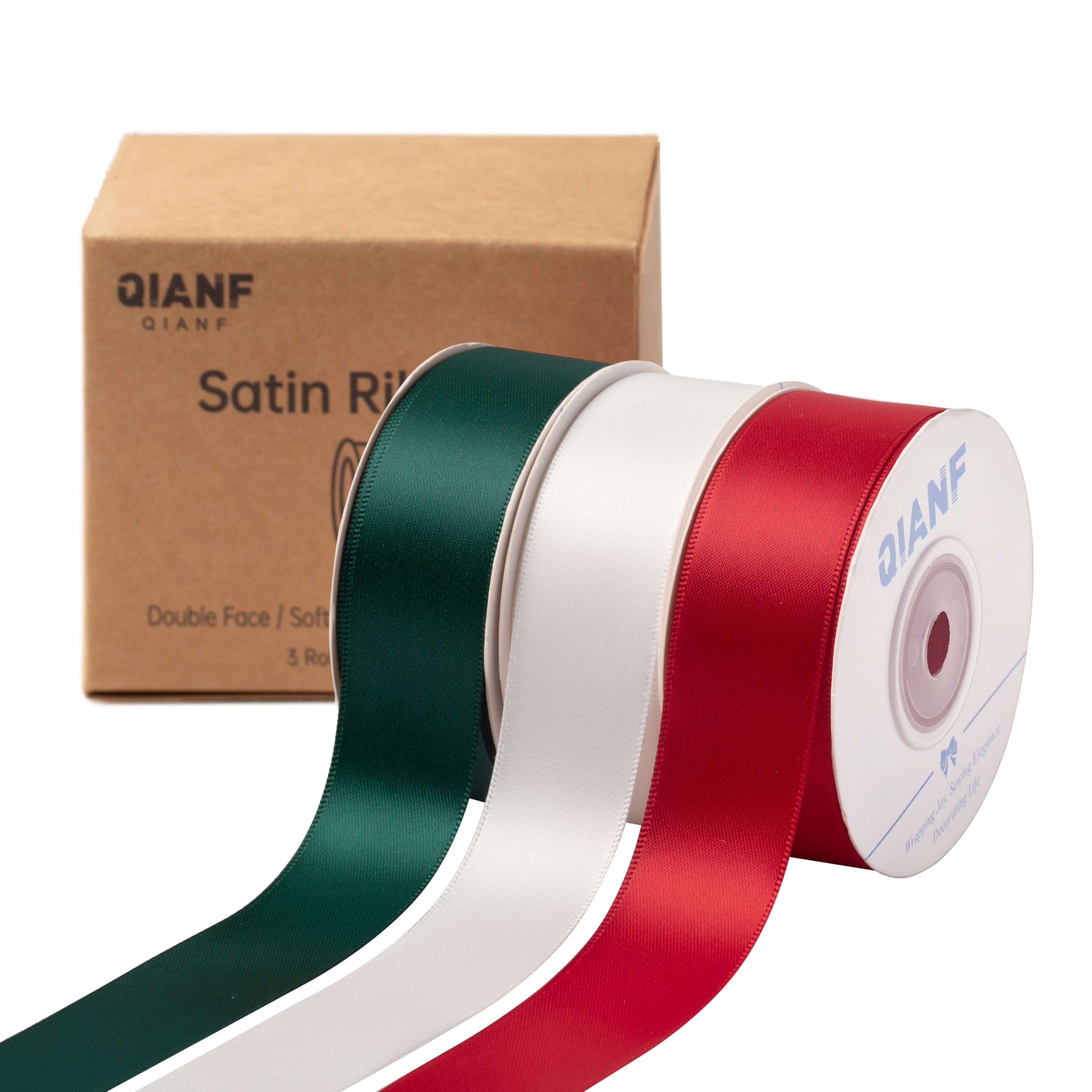 Photo 1 of QIANF Red/Dark Green/White Double Face Satin Ribbon 1 Inch x 45 Yards Fabric Ribbon for Gift Wrapping, Flower Bouquets, Hair Bows Making, Wedding Decoration, Christmas (3 Rolls *15Yd)