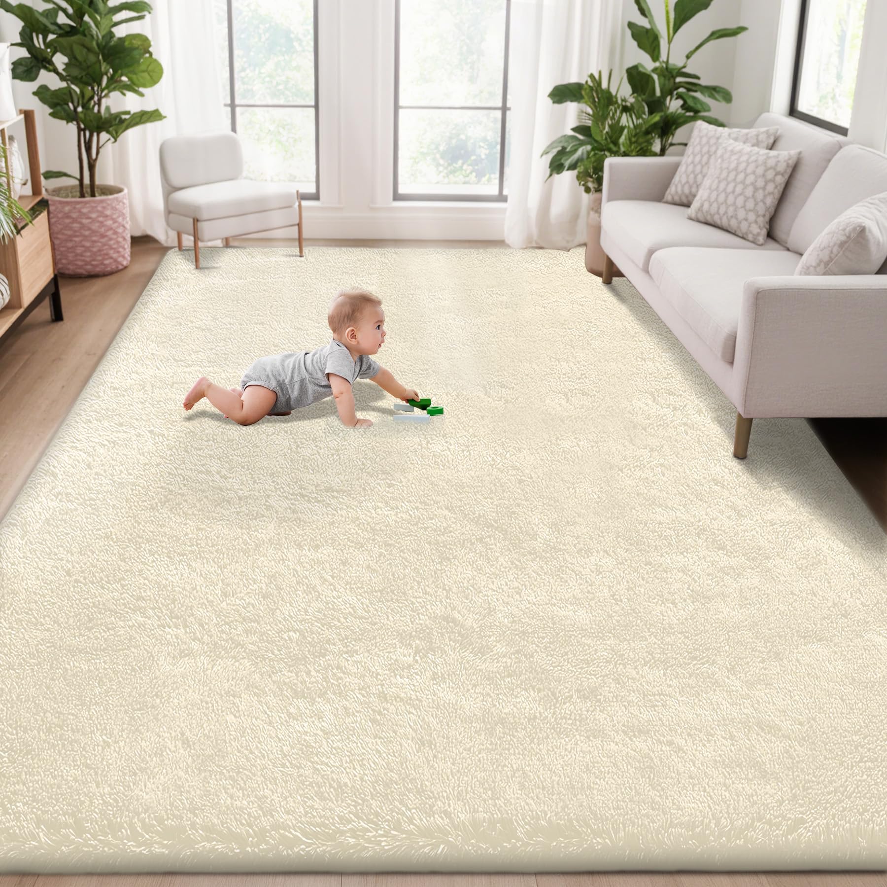 Photo 1 of 5x8 Area Rug for Living Room: Fluffy Shag Soft Washable Rugs Fuzzy Plush Indoor Carpet for Bedroom Nursery Playroom Dorm Kids Girls Boys Room (Cream White, 5'x8')