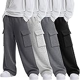 LessonZoo 4 Pack Boys' Cargo Sweatpants Elastic Drawstring Open Bottom Active Pants Casual Workout Joggers with 4 Pockets