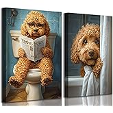2Pcs Funny Bathroom Dog Canvas Wall Art Humor Goldendoodle Reading Newspaper on Toilet Animal Painting Pictures Wall Decor Poster Print Artwork for Washroom Restroom Dog Lovers (12x16in-Canvas)