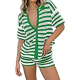 Saodimallsu Womens Crochet Swimsuit Coverup Summer 2 Piece Outfits Striped Knit Short Sleeve Button Shirts Shorts Sets
